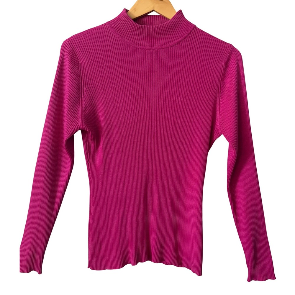 Classiques Entier Women Sz MD Magenta 100% Silk Ribbed Mock Neck Top Old Money